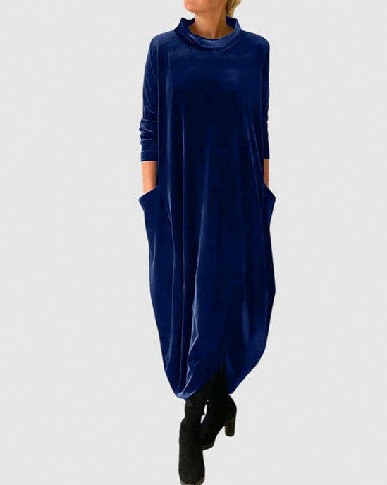 Velvet Long Sleeve Cowl Neck Modest Relaxed Draped Midi Dress