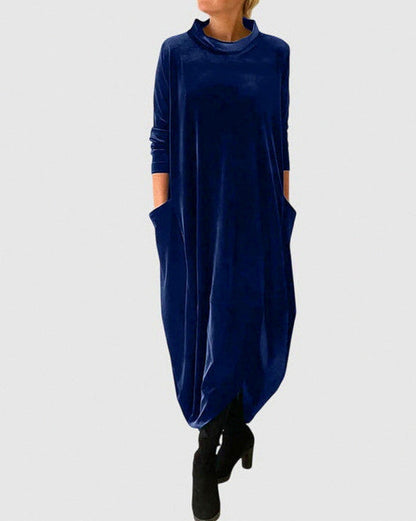 Velvet Long Sleeve Cowl Neck Modest Relaxed Draped Midi Dress