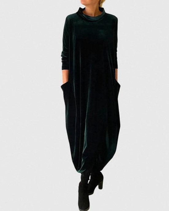 Velvet Long Sleeve Cowl Neck Modest Relaxed Draped Midi Dress