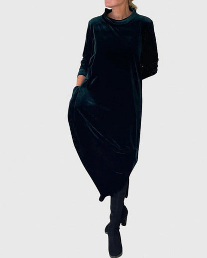 Velvet Long Sleeve Cowl Neck Modest Relaxed Draped Midi Dress