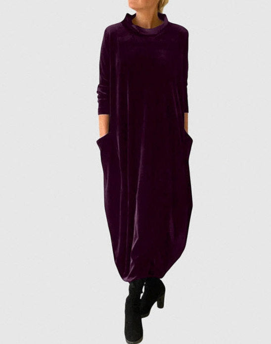 Velvet Long Sleeve Cowl Neck Modest Relaxed Draped Midi Dress