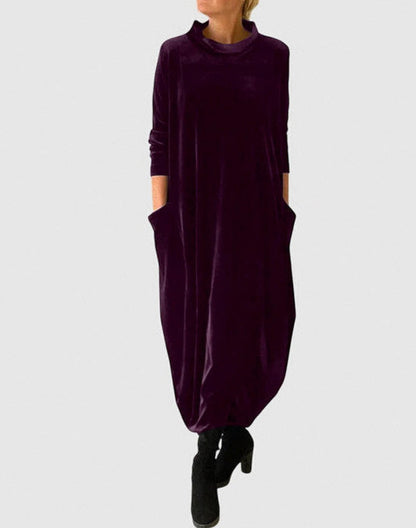Velvet Long Sleeve Cowl Neck Modest Relaxed Draped Midi Dress