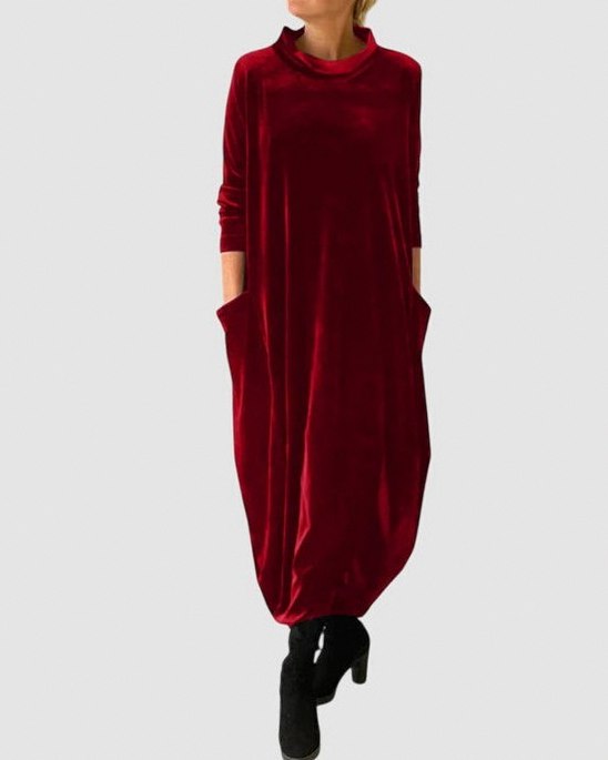 Velvet Long Sleeve Cowl Neck Modest Relaxed Draped Midi Dress