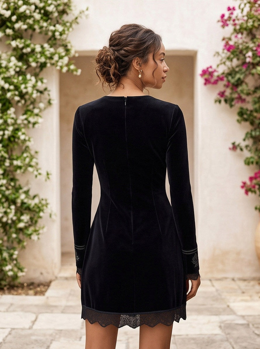Velvet Long Sleeve Embroidered Lace Trim Mini Dress