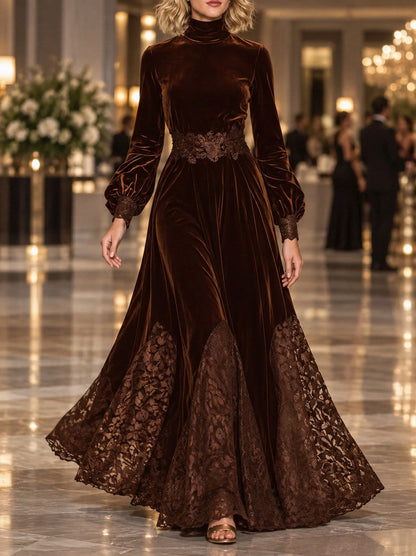 Velvet Long Sleeve Lace Maxi Dress