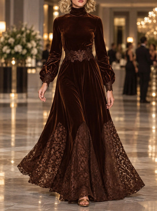 Velvet Long Sleeve Lace Maxi Dress