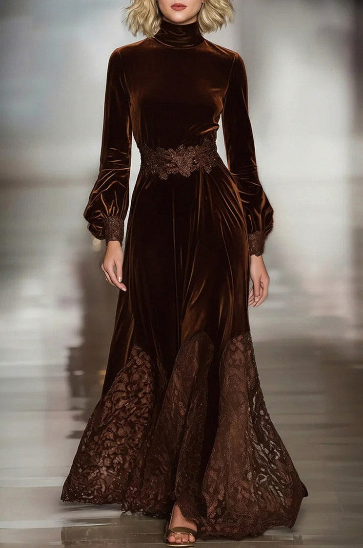 Velvet Long Sleeve Lace Maxi Dress