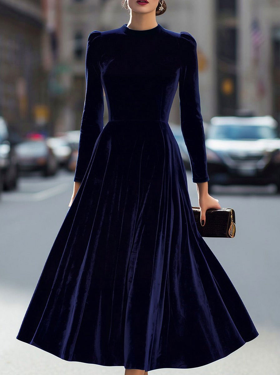 Velvet Long Sleeve Pleated Midi Dress