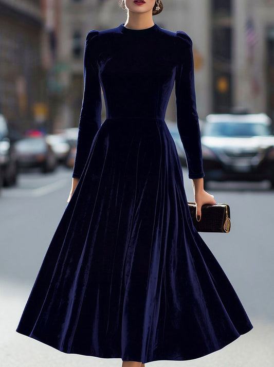 Velvet Long Sleeve Pleated Midi Dress