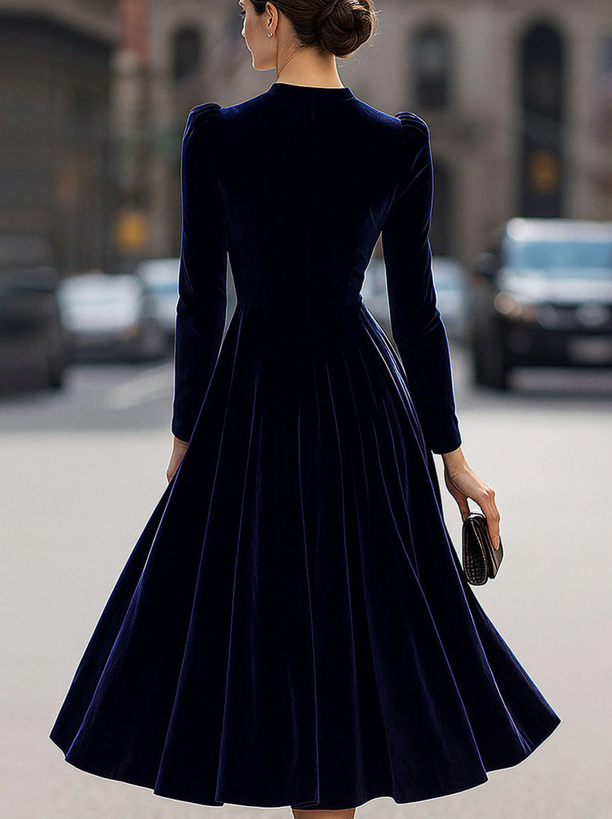 Velvet Long Sleeve Pleated Midi Dress