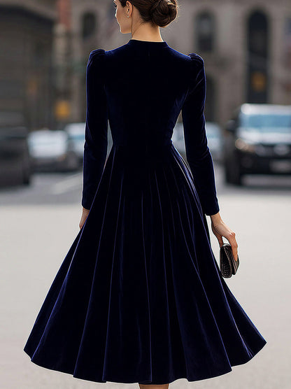 Velvet Long Sleeve Pleated Midi Dress