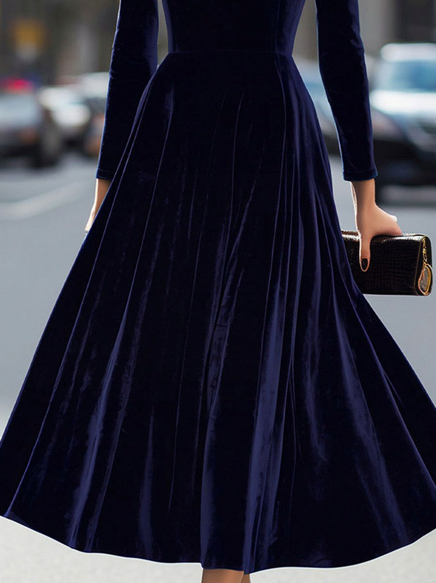 Velvet Long Sleeve Pleated Midi Dress