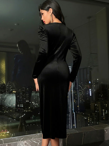 Velvet Long Sleeve Ruched Midi Dress
