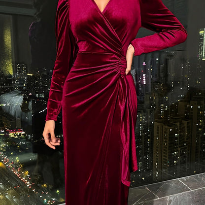 Velvet Long Sleeve Ruched Midi Dress