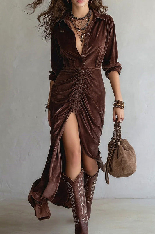 Velvet Long Sleeve Shirt Maxi Dress