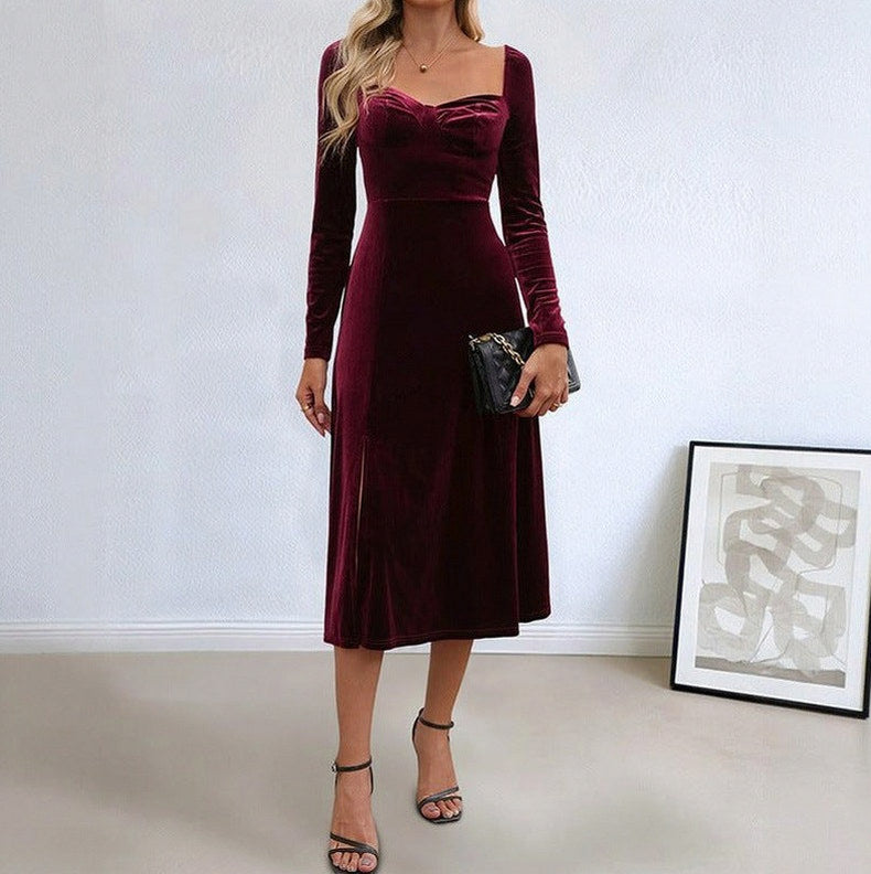 Velvet Long Sleeve Sweetheart Slit Midi Dress