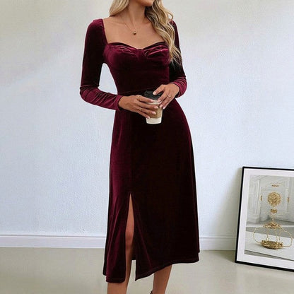 Velvet Long Sleeve Sweetheart Slit Midi Dress