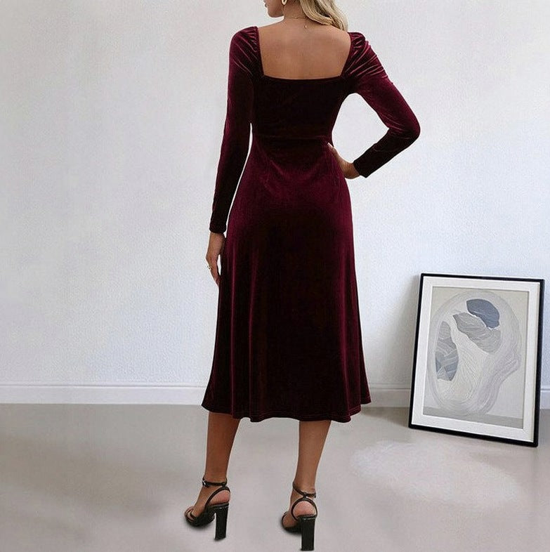 Velvet Long Sleeve Sweetheart Slit Midi Dress