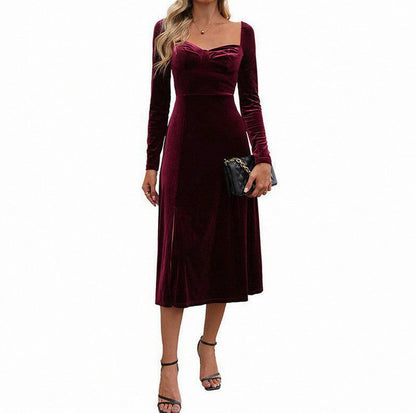 Velvet Long Sleeve Sweetheart Slit Midi Dress