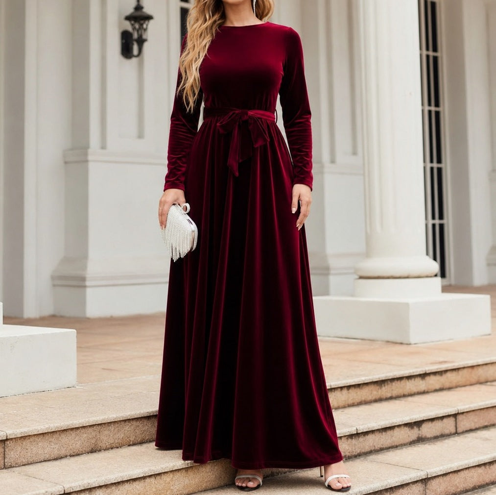 Velvet Long Sleeve Tie Waist Maxi Dress