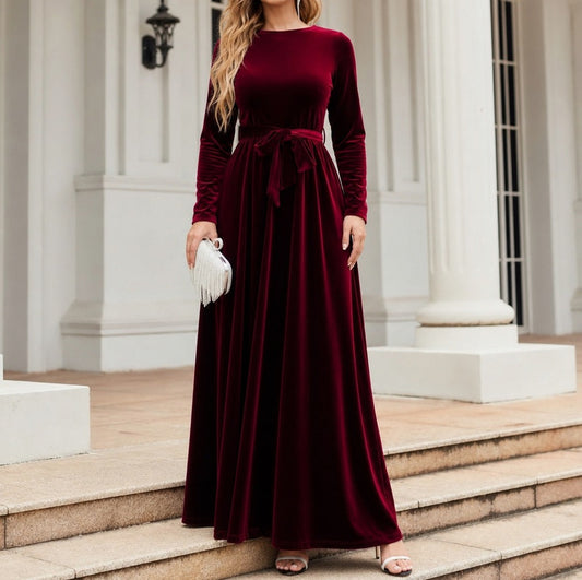 Velvet Long Sleeve Tie Waist Maxi Dress