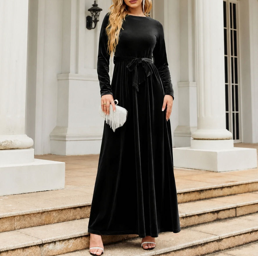 Velvet Long Sleeve Tie Waist Maxi Dress