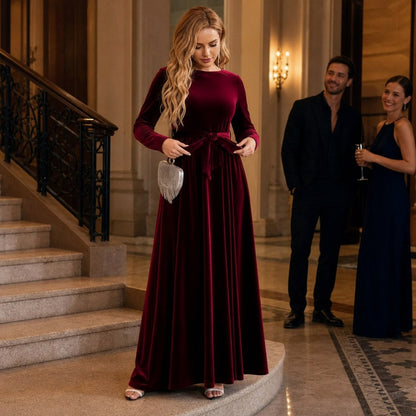 Velvet Long Sleeve Tie Waist Maxi Dress