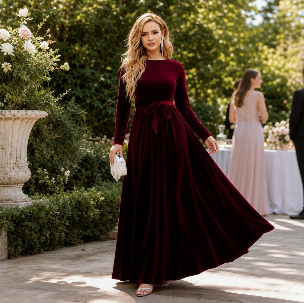 Velvet Long Sleeve Tie Waist Maxi Dress