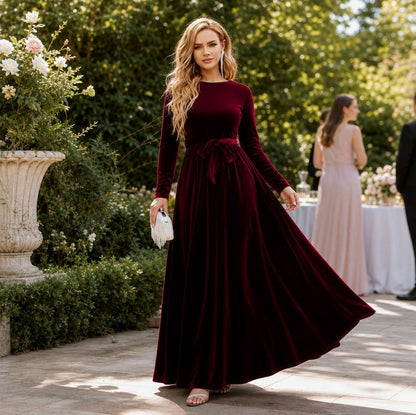 Velvet Long Sleeve Tie Waist Maxi Dress