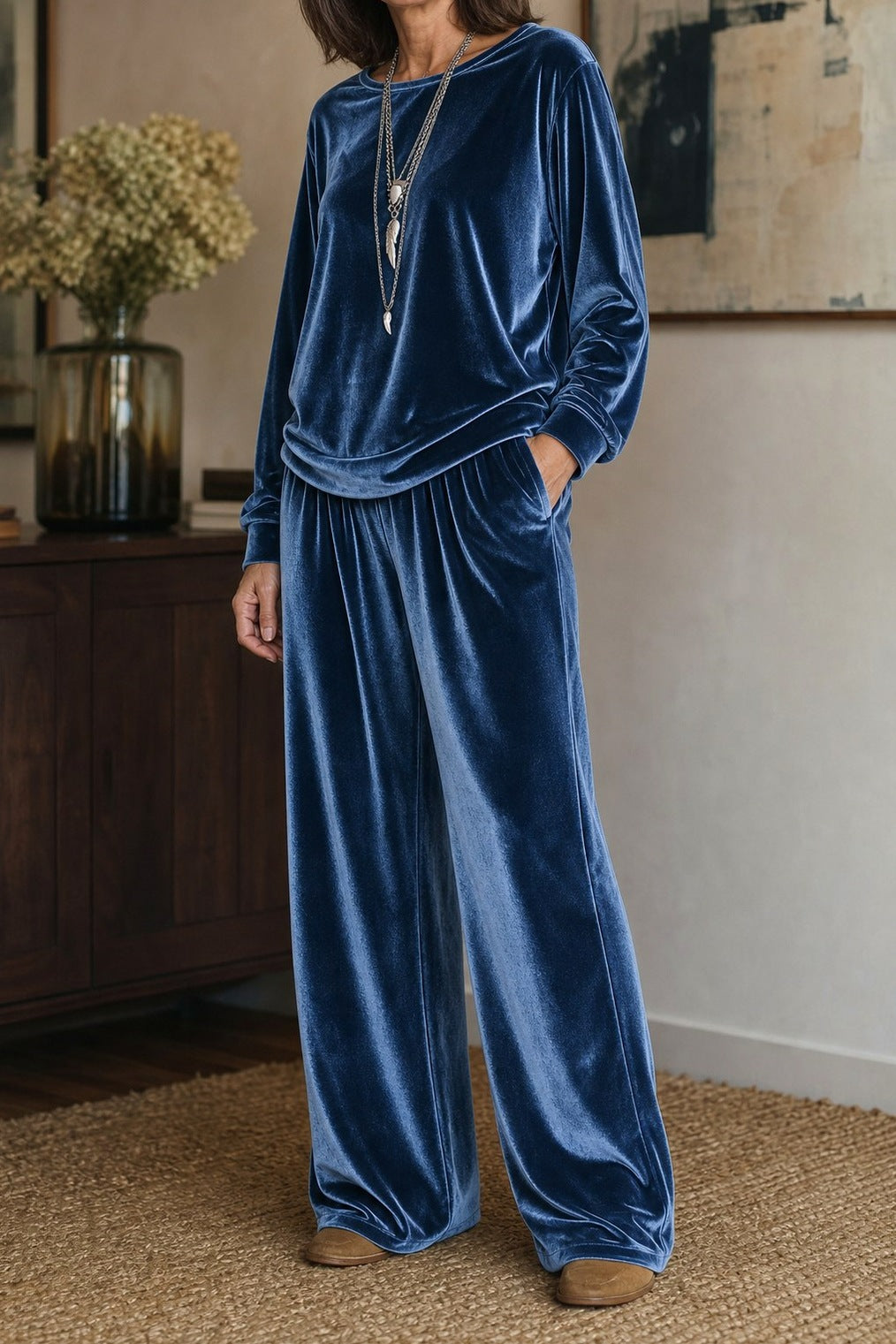 Velvet Long Sleeve Wide Leg Two Piece Set