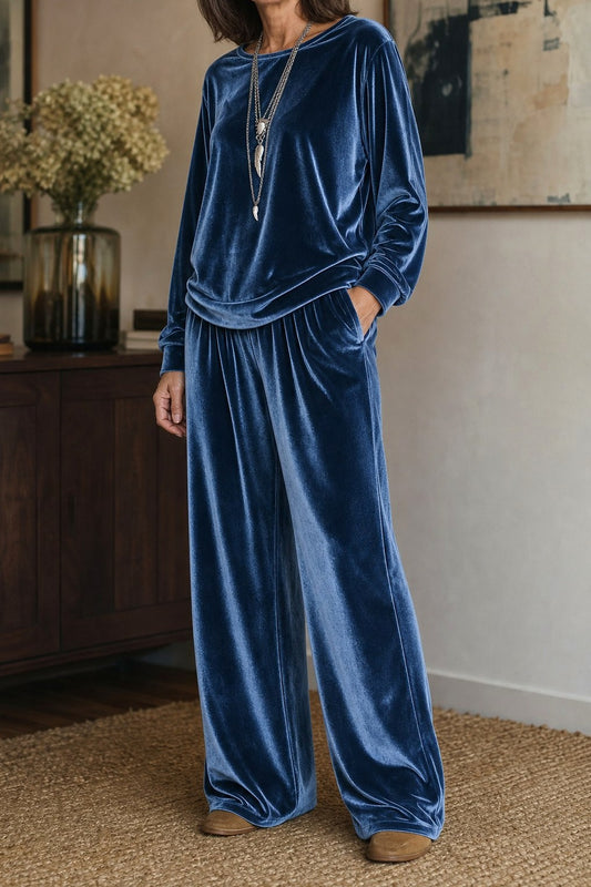 Velvet Long Sleeve Wide Leg Two Piece Set