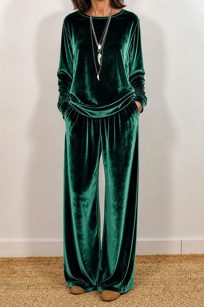 Velvet Long Sleeve Wide Leg Two Piece Set