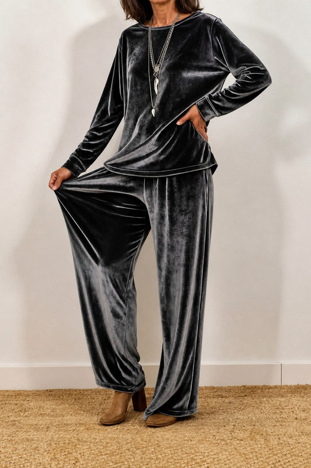 Velvet Long Sleeve Wide Leg Two Piece Set