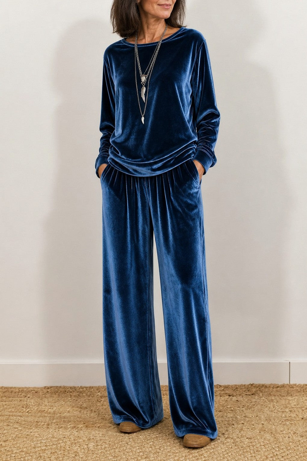 Velvet Long Sleeve Wide Leg Two Piece Set