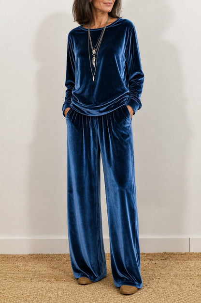 Velvet Long Sleeve Wide Leg Two Piece Set