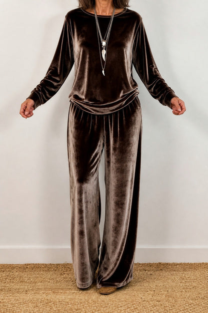 Velvet Long Sleeve Wide Leg Two Piece Set