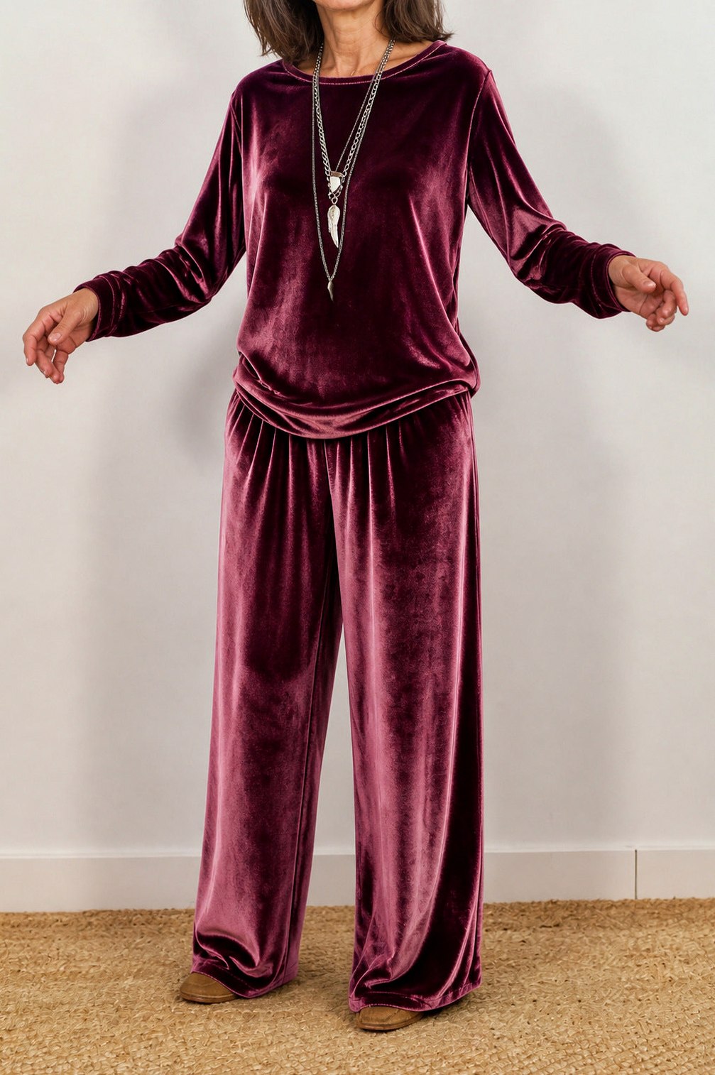 Velvet Long Sleeve Wide Leg Two Piece Set