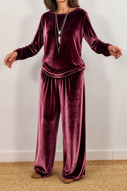 Velvet Long Sleeve Wide Leg Two Piece Set