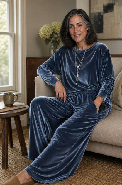 Velvet Long Sleeve Wide Leg Two Piece Set