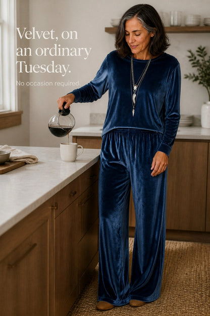 Velvet Long Sleeve Wide Leg Two Piece Set