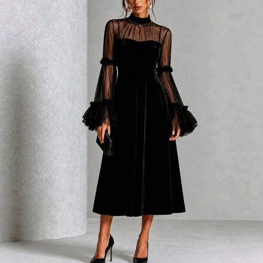 Velvet Mesh Sleeve Midi Dress