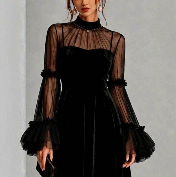 Velvet Mesh Sleeve Midi Dress