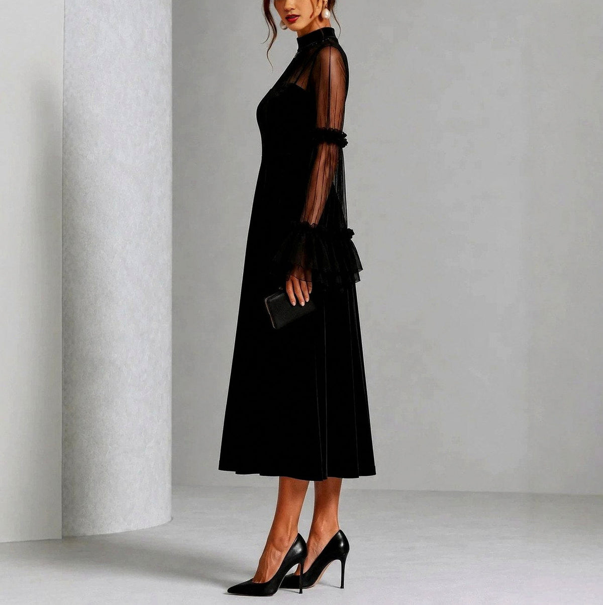 Velvet Mesh Sleeve Midi Dress