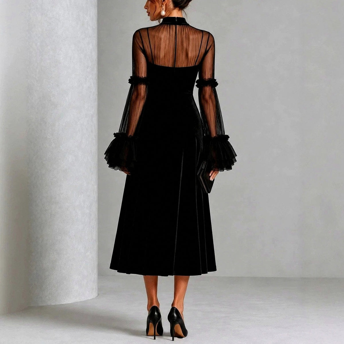Velvet Mesh Sleeve Midi Dress