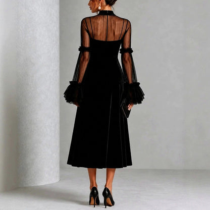 Velvet Mesh Sleeve Midi Dress