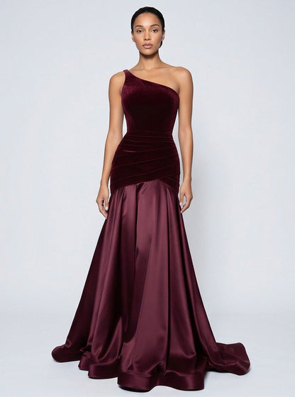 Velvet One Shoulder Satin Maxi Dress