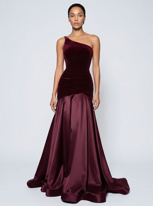 Velvet One Shoulder Satin Maxi Dress