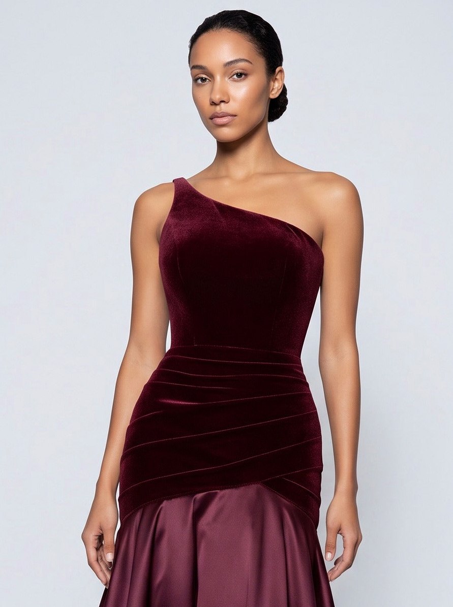 Velvet One Shoulder Satin Maxi Dress