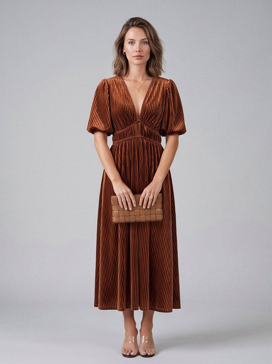 Velvet Puff Sleeve Midi Dress