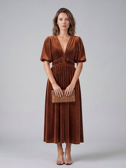 Velvet Puff Sleeve Midi Dress